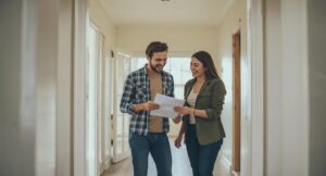 Couple primo-accédant consultant dossier Ma Prime Rénov 2026 dans leur futur logement