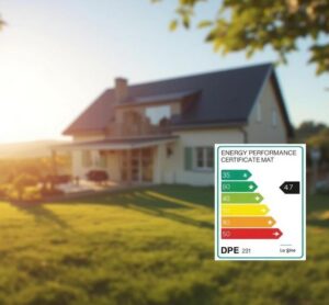 Maison avec étiquette DPE en premier plan