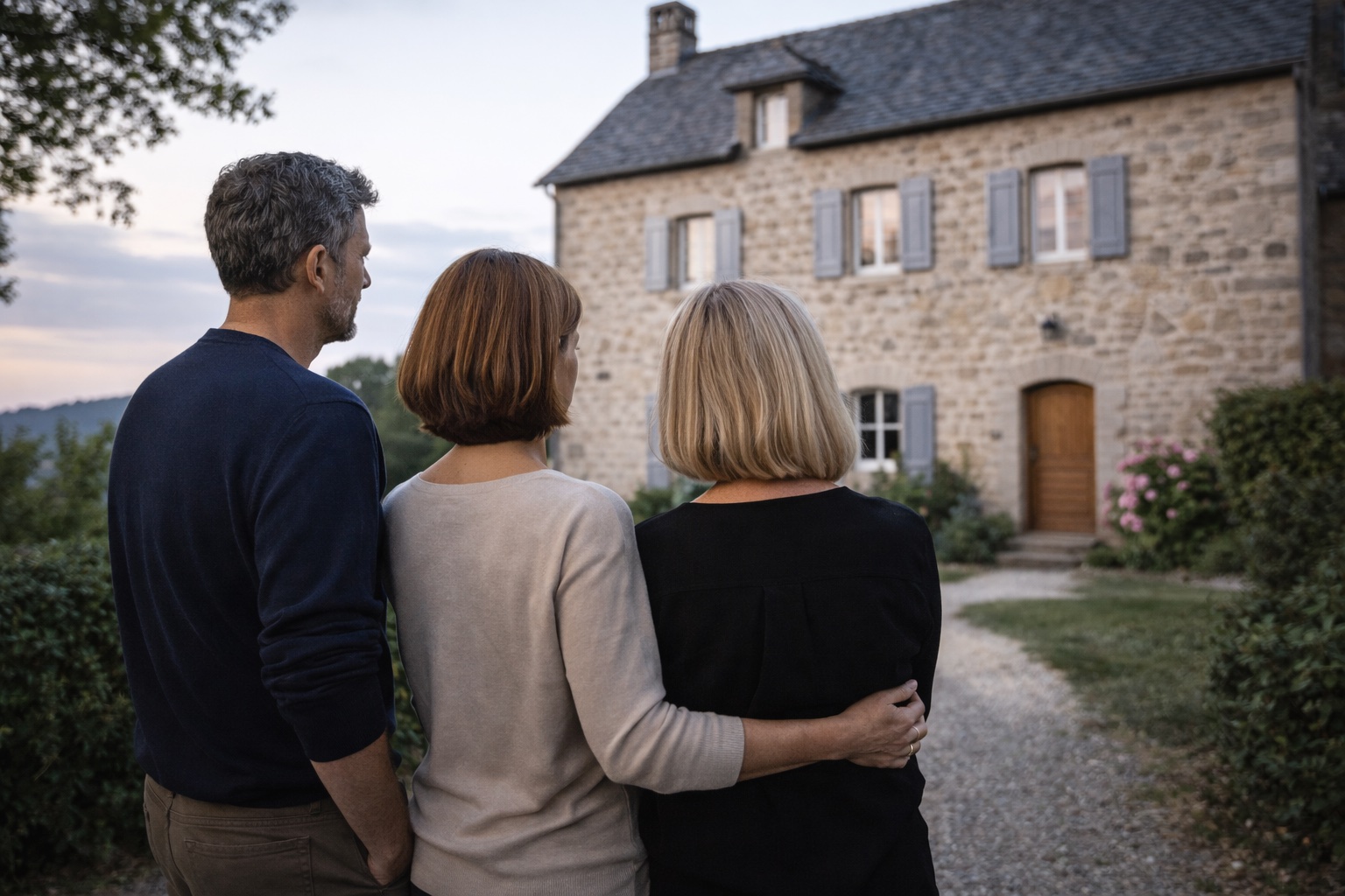 Héritiers famille devant maison héritée succession immobilière
